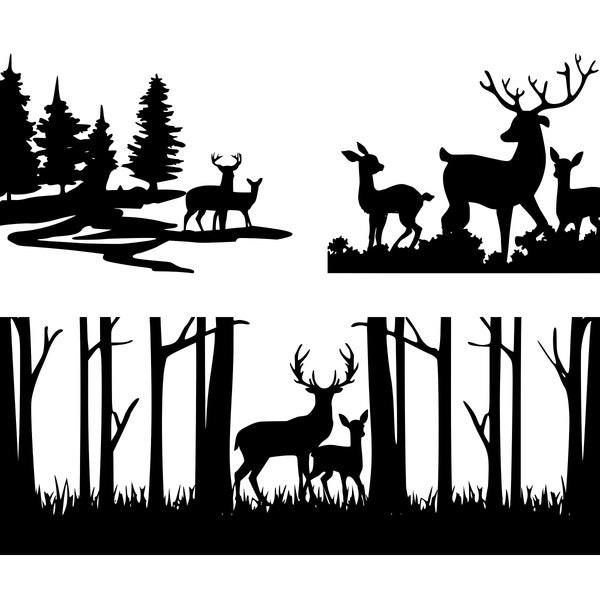 Deer and Mountains Scene SVG, Outdoors Scene Wall Art, Majestic Deer Family Mountain PNG, Graphic Digital Download Country Home Décor Print