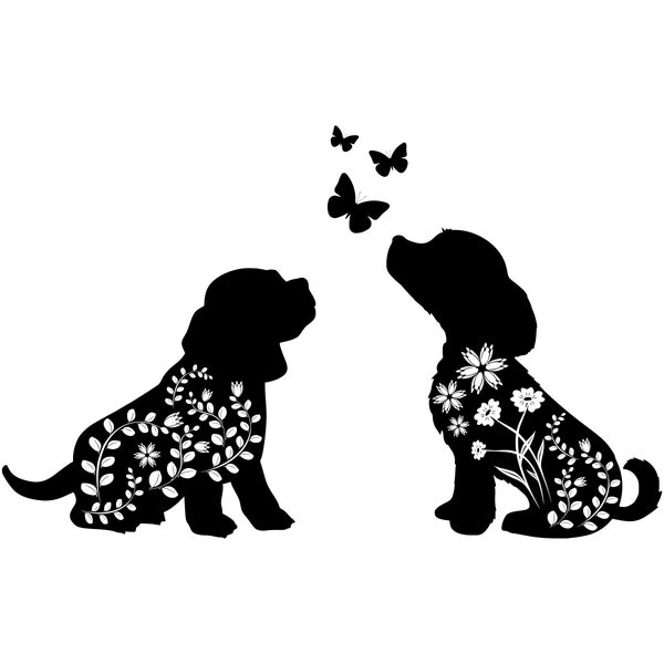 Chien floral SVG, fichiers SVG pour Silhouette Cameo & Cricut. Animal floral, Floral Dog Silhouette SVG, Clipart de chien de fleurs sauvages