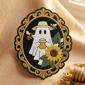 Embroidered Patch, Beekeeper Ghost Honey Patch, Iron On Sew On Hook and Loop, Sunflower Bee Lover Cottagecore Halloween Gift