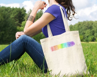 Watercolor Rainbow Cotton Tote Bag, Stylish Reusable Shopping Bag
