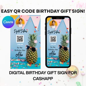 Birthday Cash App Sign | Digital Dollars Signs | Editable QR Code Template | Printable Cash Gift Tip Jar | Pineapple Party Decor