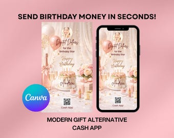 Rose Gold Birthday Cash App Sign | Glam QR Code, Editable Canva (Digital Download)