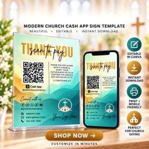 May include: A vertical acrylic sign and a smartphone display a church donation template with a teal and gold wave background. The text reads Thank You, Scan to Pay, and includes a QR code, social media icons, contact details, and a church logo.