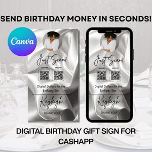 Canva Editable Birthday Digital Dollars QR Code Sign | Cash App & Apple Pay Printable Template | Just Scan Birthday Party Money Sign