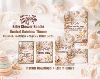 Neutral Rainbow Baby Shower Bundle | Editable Invitation, Welcome Sign, Raffle Cards | Digital Download