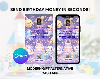Outer Space Birthday Cash App Card | Canva Editable | QR Code Money Gift Sign