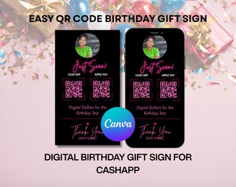Editable Birthday Scan to Pay Sign: Neon Pink QR Code Canva Template (Digital Download)