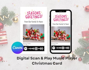 Seasons Greetings Digital Christmas Card • Family Photo Card • Spotify Scan Code • Editable Canva Template