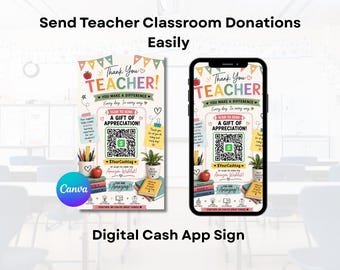 Teacher Cash App Sign Template | Editable Canva QR Code Sign | Classroom Donation Sign | Teacher Appreciation Gift | Instant Download