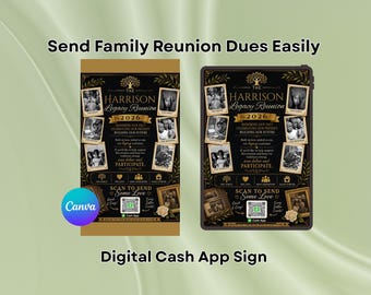 Editable Legacy Family Reunion Cash App Sign Template, Custom Photo, QR Code, Black Gold Family Reunion, Canva Template, Keepsake