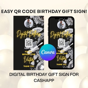 Digital Birthday Money Sign | Elegant Cash App QR Code Sign | Editable Birthday Gift Sign for Men | Instant Download | Black & Gold Theme