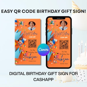 Digital Dollars Cash App Sign - Birthday QR Code Tip Sign - Editable Birthday Gift Sign for CashApp - Scan To Pay - Birthday Decor