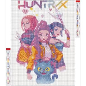 May include: Diamond painting kit featuring three anime-style women with pink, purple, and blue hair, holding weapons. The word "HUNTRIX" is at the top. A blue cat with yellow eyes is at the bottom. The image is composed of small, colorful squares.