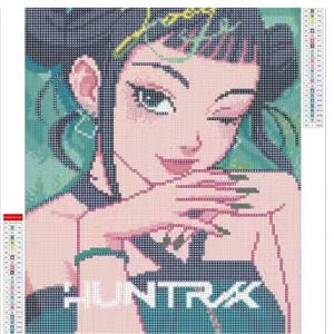 May include: Diamond painting of a winking woman with dark hair and green accents. The image features a pink and teal color palette, with the word "HUNTRAX" in white block letters on the bottom. The woman is wearing a black top.