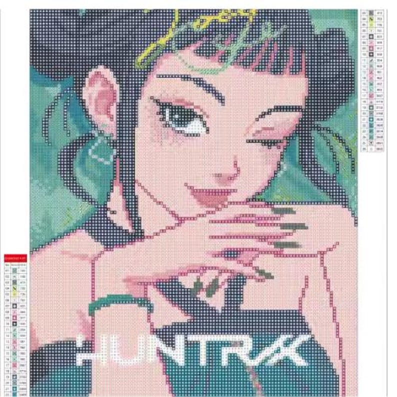 May include: Diamond painting of a winking woman with dark hair and green accents. The image features a pink and teal color palette, with the word "HUNTRAX" in white block letters on the bottom. The woman is wearing a black top.