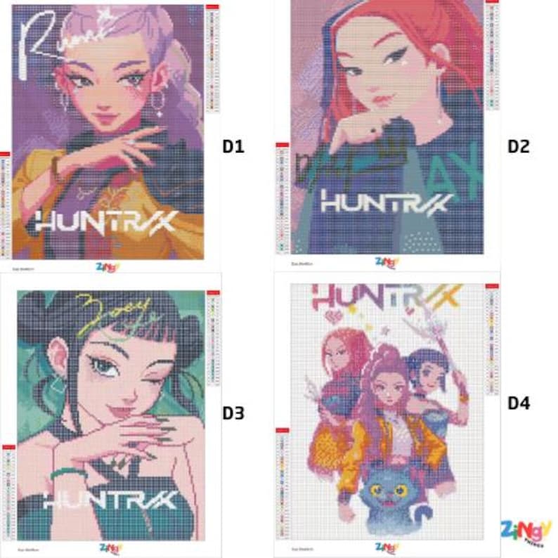 May include: Four diamond painting kits featuring anime-style portraits of women. Each kit includes a colorful image with the text "HUNTRAX" and a woman's name. The kits are labeled D1, D2, D3, and D4.