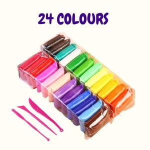 May include: A pack of 24 coloured clay bars in a variety of shades, including red, pink, green, yellow, and blue. The package includes three pink plastic sculpting tools. The text "24 COLOURS" is displayed in purple.