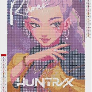 May include: Diamond art kit featuring a pixelated portrait of a woman with purple hair and a yellow and orange outfit. The word "HUNTRAX" is displayed in white text. The kit measures 30x40cm.