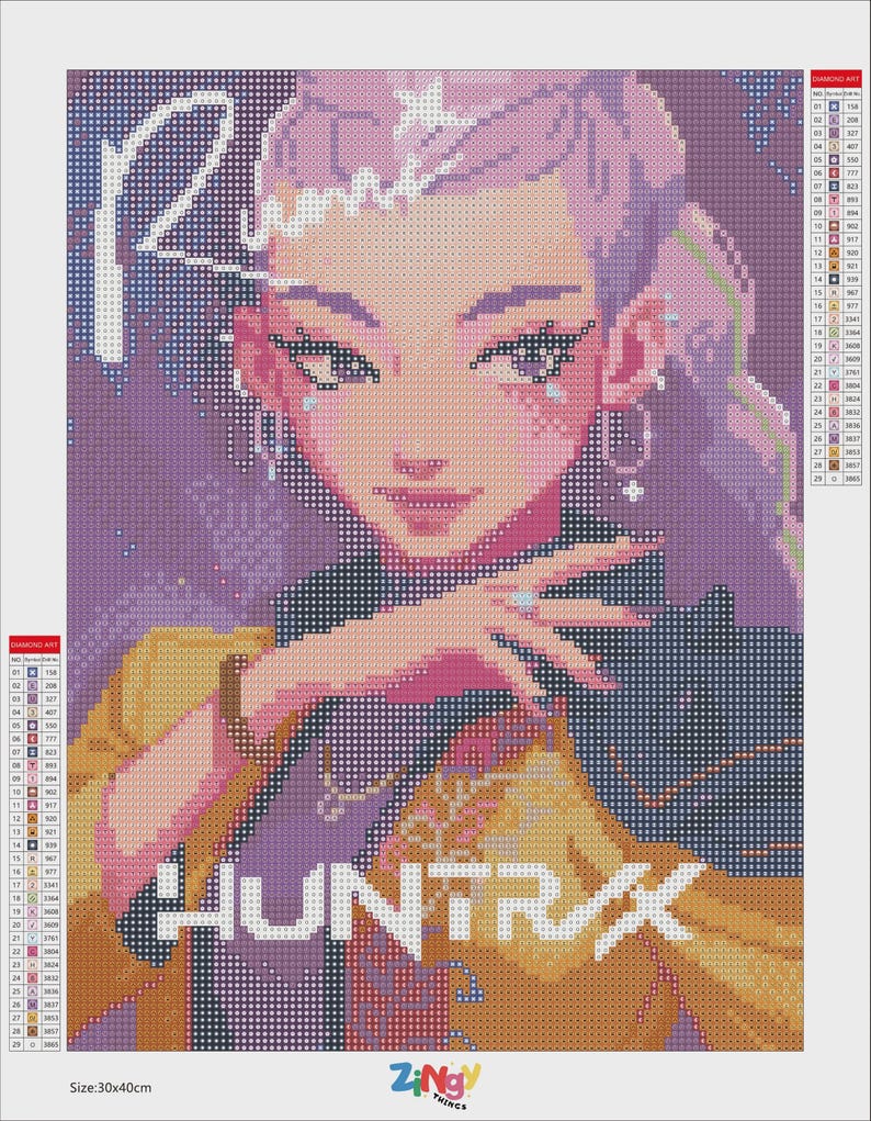 May include: Diamond art kit featuring a pixelated portrait of a woman with purple hair and a yellow and orange outfit. The word "HUNTRAX" is displayed in white text. The kit measures 30x40cm.