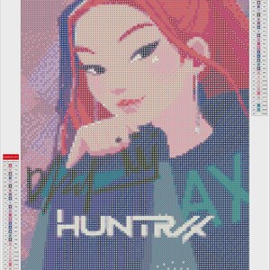 May include: Diamond art kit featuring a stylized portrait of a woman with red hair and a blue top. The design includes the text "DAY HUNTRAX" in teal and white. The kit measures 11.8 x 15.7 inches.