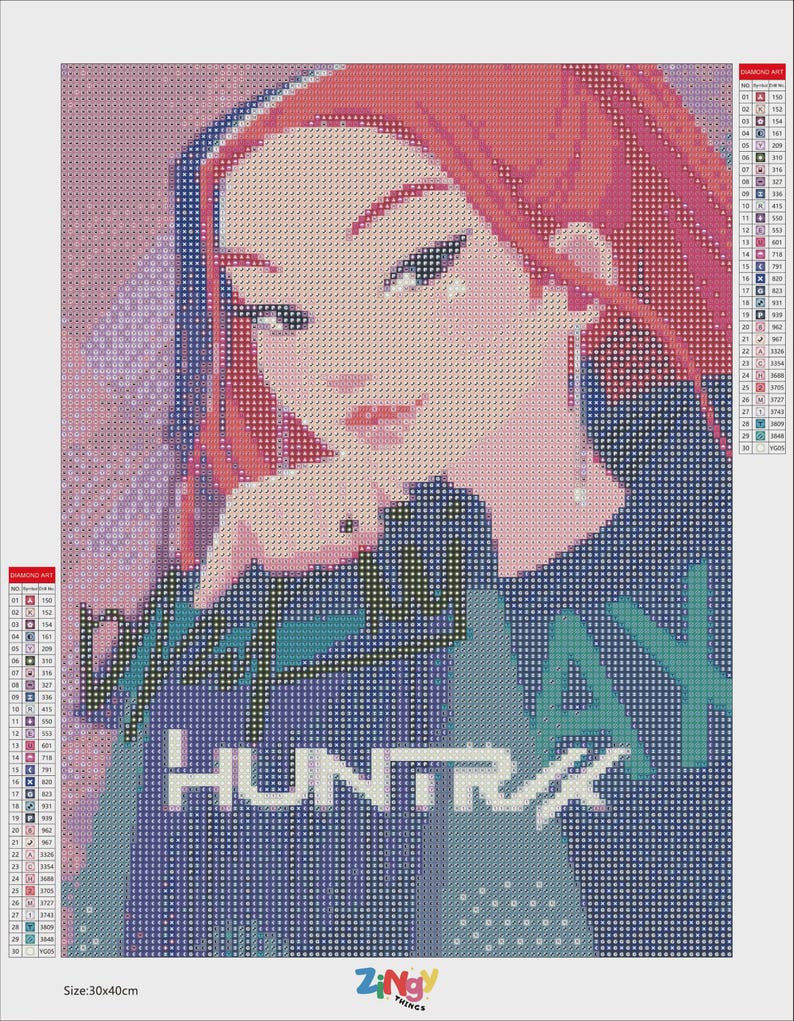 May include: Diamond art kit featuring a stylized portrait of a woman with red hair and a blue top. The design includes the text "DAY HUNTRAX" in teal and white. The kit measures 11.8 x 15.7 inches.