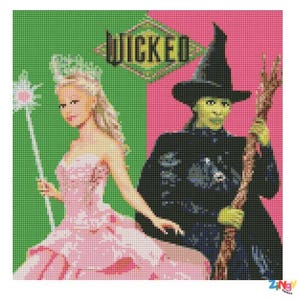 May include: A cross-stitch design depicting characters from the musical "Wicked." The image is divided vertically, with a pink and green backdrop. One side features a woman in a pink dress and crown, holding a wand. The other side shows a green-skinned witch in black attire, holding a staff.