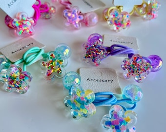 Gorgeous Acrylic Glitter Filled Flower Shaped Hair Ties | Toddler & Girls Hair Accessories | Girls Hair ties | Lots of Colours