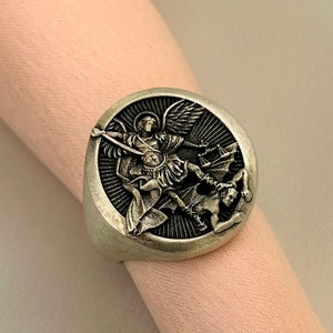 925 Sterling Silver Saint Michael signet Ring, Saint Michael The Archangel Ring, Christian Jewelry, Gift ring, god ring, unique silver ring
