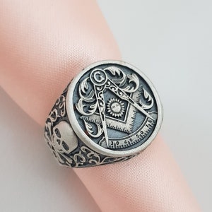 Sterling Silver Freemason Ring: Handmade Masonic Biker Ring