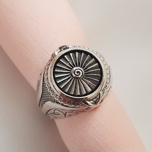 Plane Turbine Handmade Sterling Silver Men Signet Ring, Airplane Engine Unique Signet Ring, Propeller Silver Men Gift Jewelry, Ring For Men