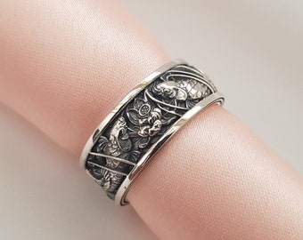 Karper Koi vis Japanse zilveren mannen band, ornament ring, stijlvolle mannen ringen, karper en golven Japanse motieven handgemaakte zilveren mannen ring