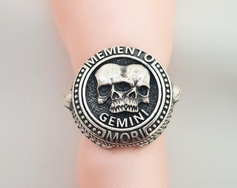 Memento Mori Ring for men and women, 925 sterling silver Gemini Memento Mori Ring, Zodiac Memento Mori Ring with 925 hallmark.