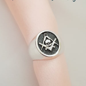 Skull with bone and skull Master mason ring for men and women, 925 sterling silver Freemason ring,  Skull Masonic ring with 925 hallmark.