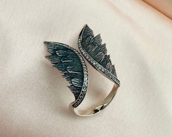Anillo de alas de ángel de plata de ley: joyería ajustable hecha a mano