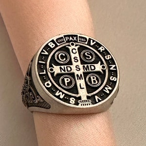 925 sterling silver Saint Benedict Ring, Signet Man Ring, Men&#39;s Religious Jewelry, St Benedict Ring, Ring For Men, Christmas Gifts