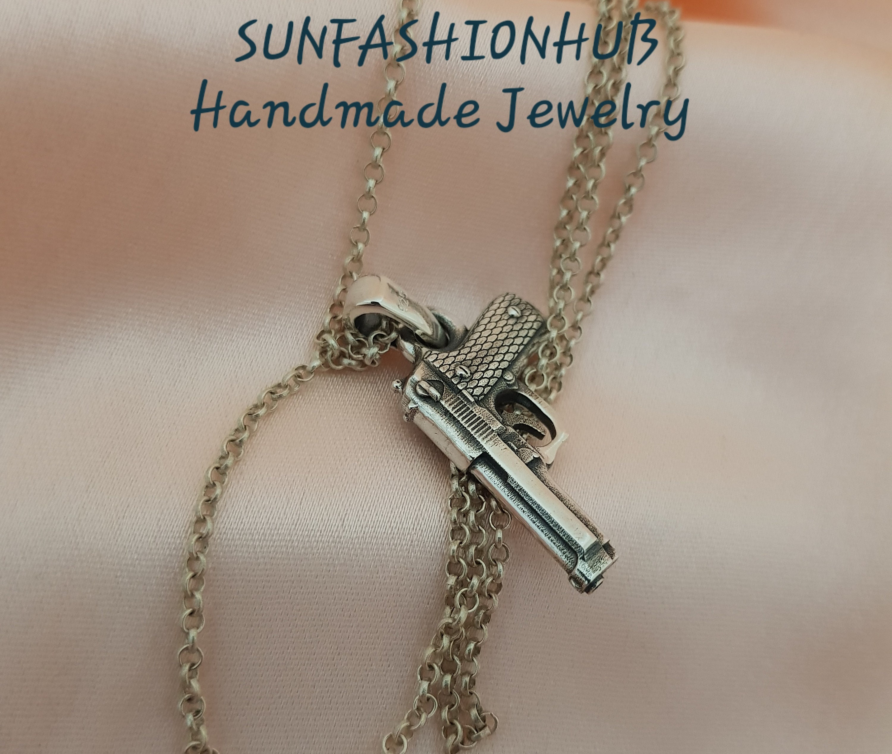 Beretta Pistol Gun Pendant With Chain for Men and Women, 925 Sterling ...