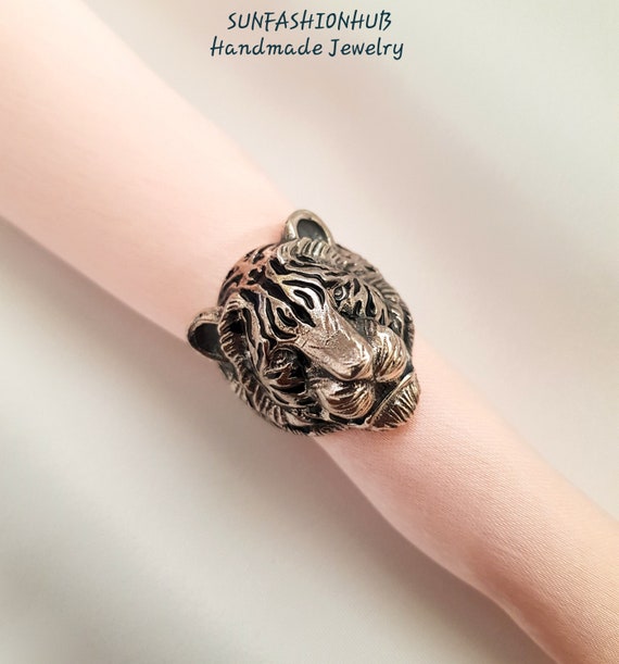ハンドメイドスターリングシルバータイガーヘッドリング - バイカー 