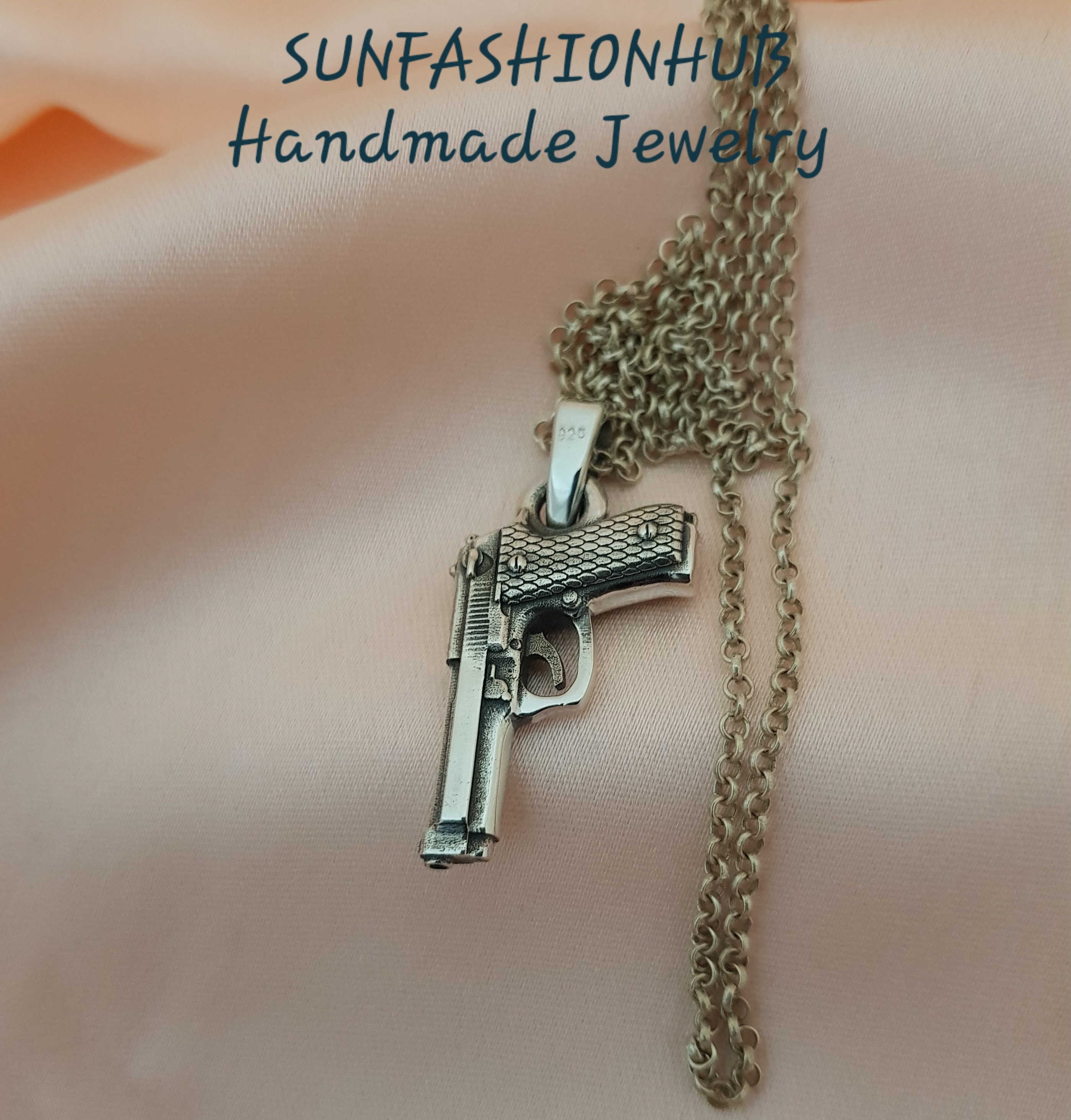 Beretta Pistol Gun Pendant With Chain for Men and Women, 925 Sterling ...