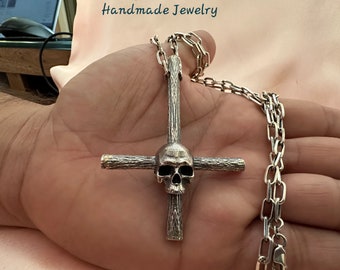St. Peter's Cross necklace, inverted crucifix pendant necklaceoil, Skull cross necklace, humility symbol, gender neutral, skull pendant