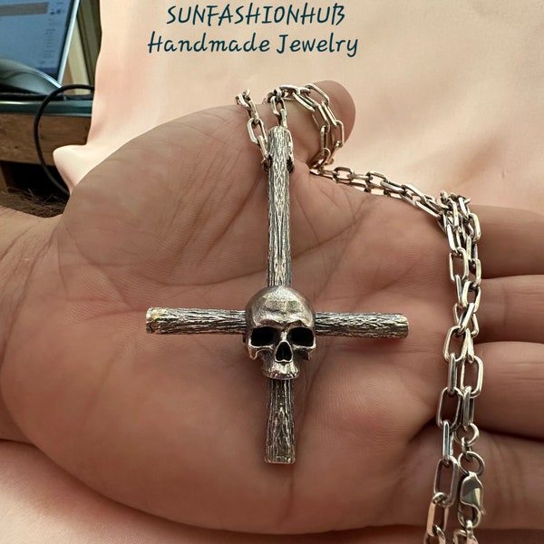 St. Peter's Cross necklace, inverted crucifix pendant necklaceoil, Skull cross necklace, humility symbol, gender neutral, skull pendant