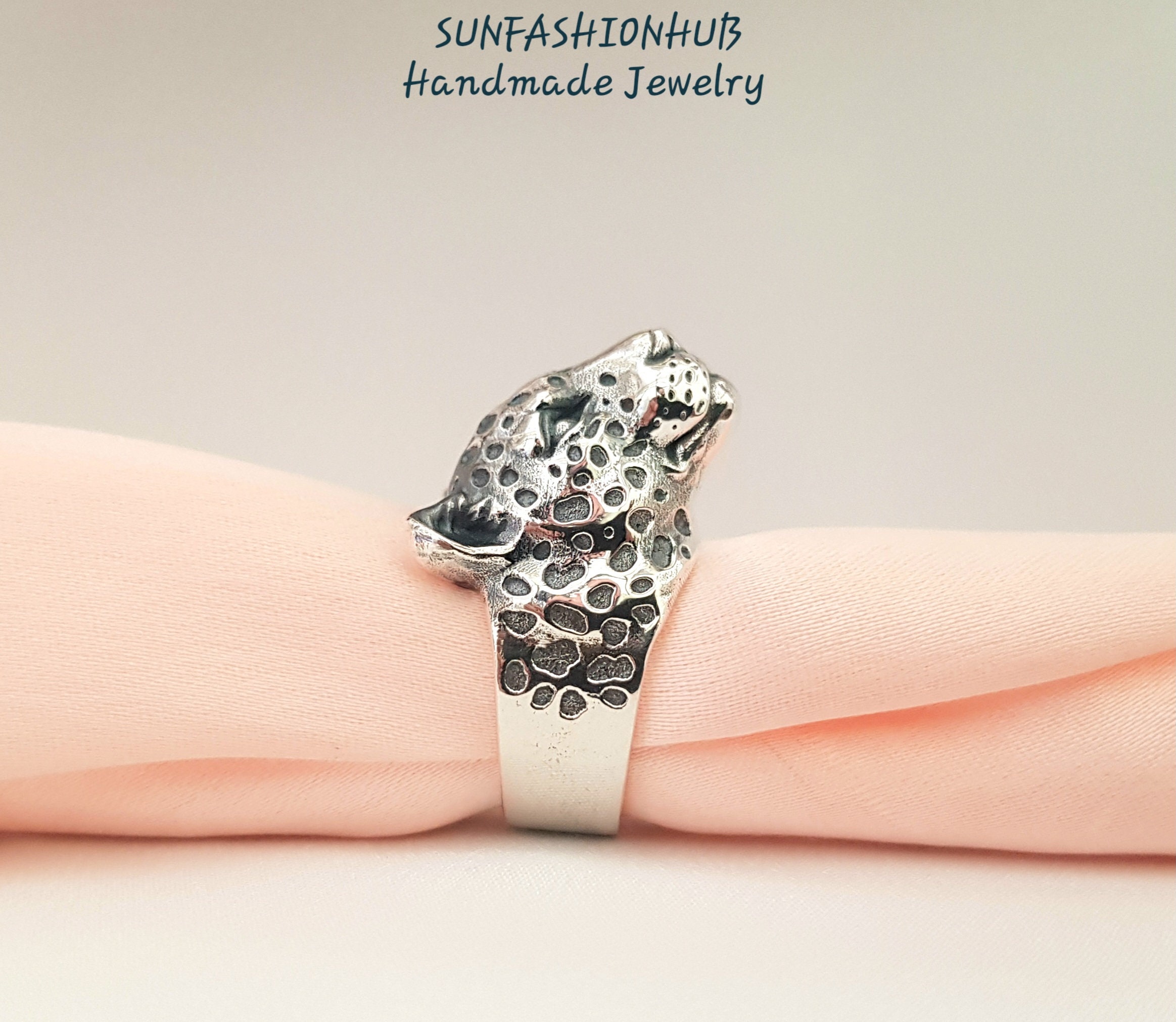 925 Sterling Silver Leopard Ring: Handmade Biker Jewelry