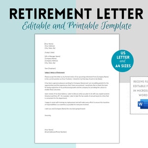 Carta de jubilación profesional, aviso de jubilación, plantilla de jubilación, Microsoft Word editable, carta de renuncia, carta de renuncia
