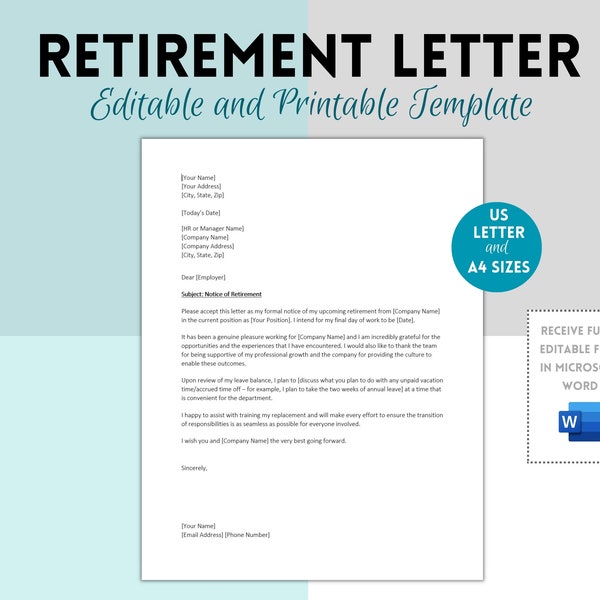 Professional Retirement Letter, Retirement Notice, Retirement Template, Editable Microsoft Word, Resignation Letter, Resign Letter