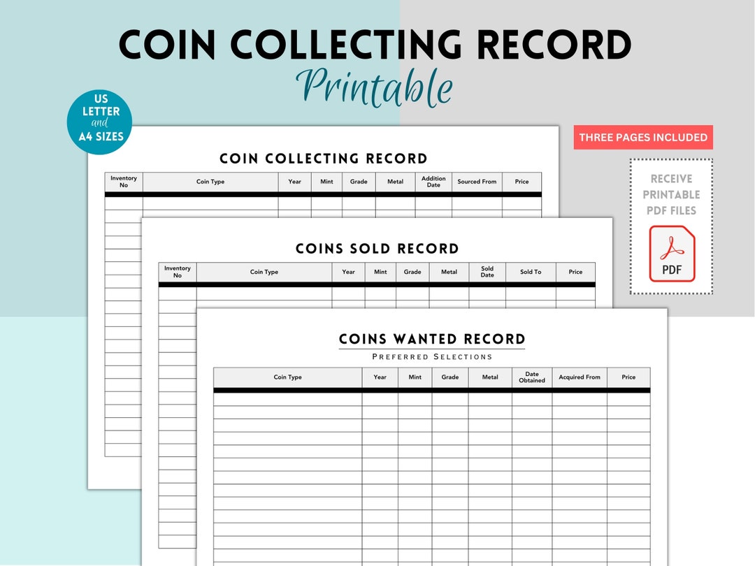 Coin Collection Record, Coin Inventory Log, Coin Collection