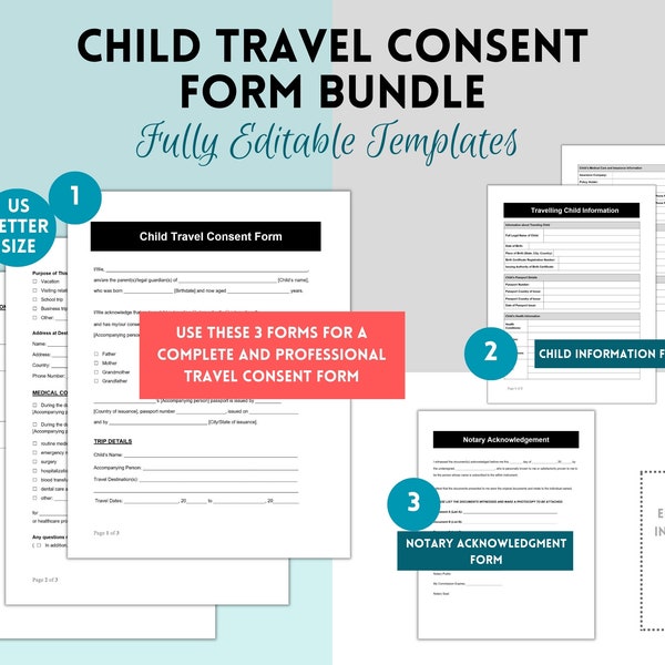 Child Travel Consent Form,  Child Travel Authorization Form, Child Travel Permission Form, Minor Travel Consent Form,  Family Legal Form