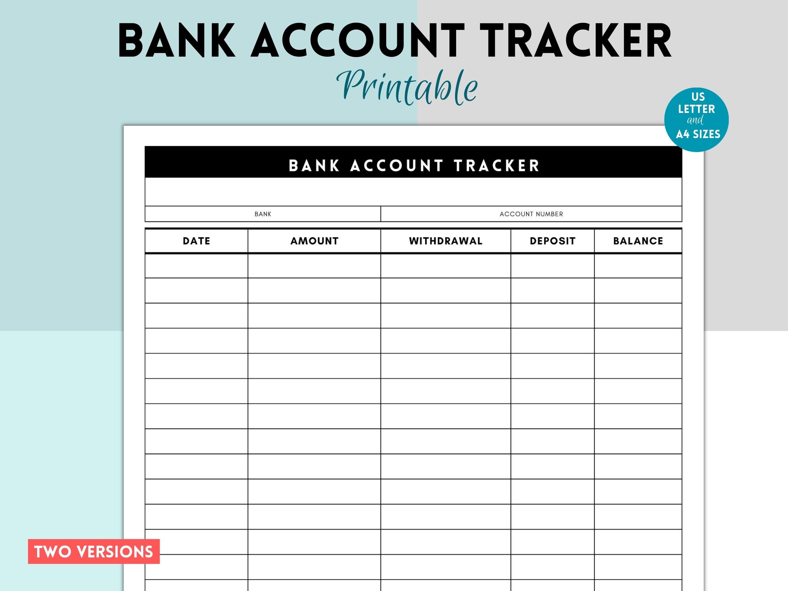 Bank Account Tracker Printable Form, Bank Deposit Log, Money Balance