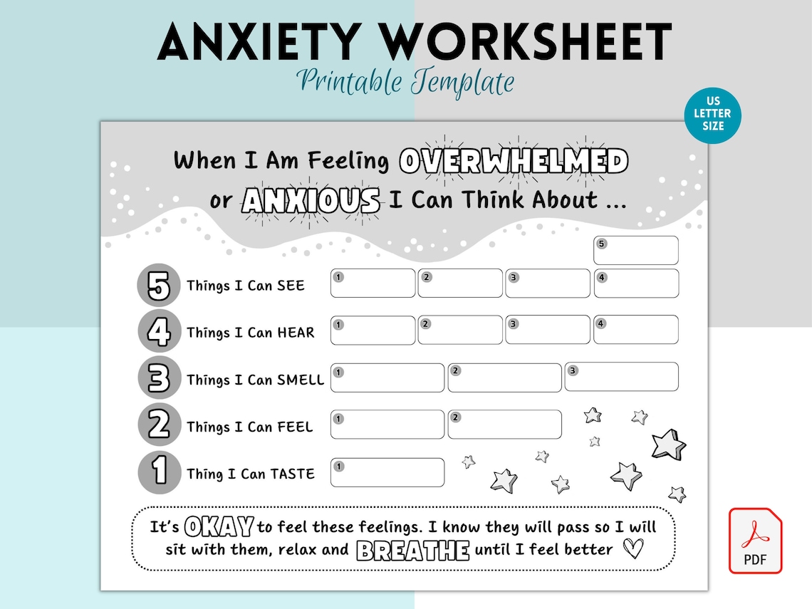 Anxiety Worksheet for Kids, Coping Skills, Five Senses Grounding ...
