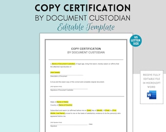 Copy Certification by Document Custodian, Certification Acknowledgement Form, Simple Letter, Word Template, Legal Witness Document