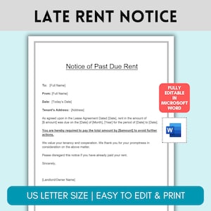 Late Rent Notice, Microsoft Word, Late Rent Payment, Landlord Template, Tenant Notice, Editable