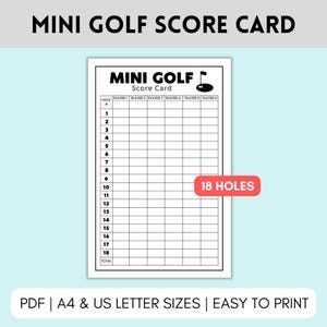 Tarjeta de puntuación de minigolf imprimible, hoja de puntuación de minigolf para fiesta de minigolf, juego de minigolf, tarjeta de puntuación de golf, hoja de puntuación de golf, puntuación de 18 jugadas